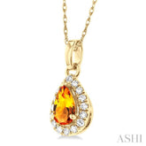 5x3 MM Pear Shape Citrine and 1/20 Ctw Single Cut Diamond Halo Semi-Precious Pendant with Chain in 14K Yellow Gold